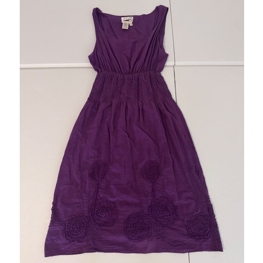 MSSP Max Studio Purple Cotton Smocked Waist Floral Embroidered Dress M y2k  p3